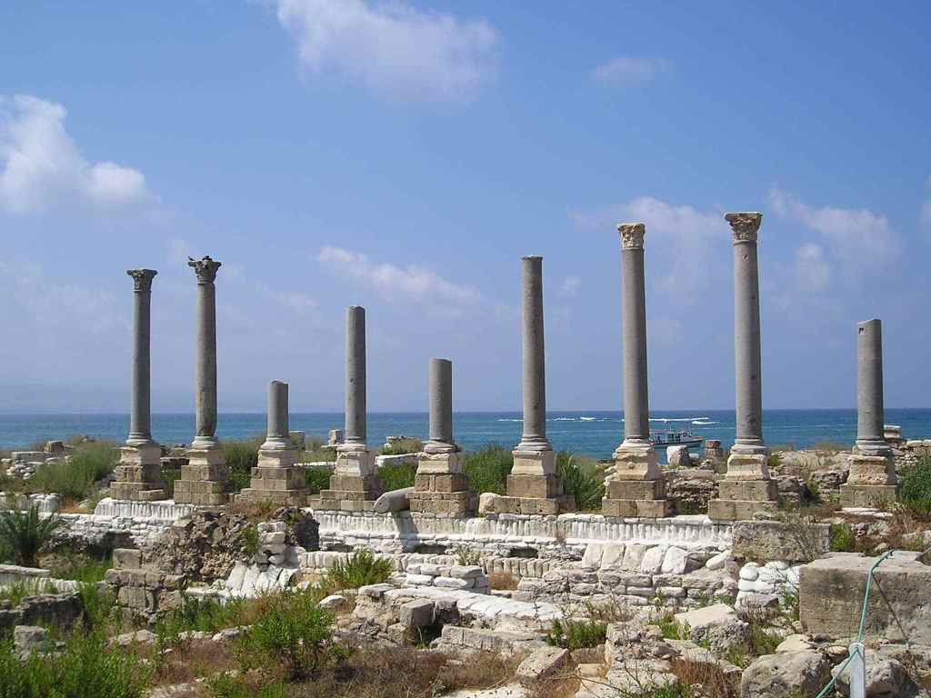 Ancient ruins at the Tyre archaeological site in Lebanon, featuring stone columns, mosaics, and historic structures.