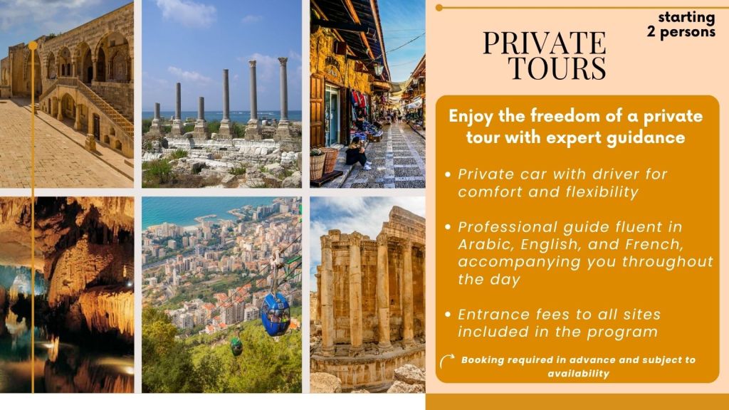 Book private day tours in Lebanon: visit Baalbeck, Byblos, Jeita, Sidon, Tyre, Batroun, and the Cedars with expert guides